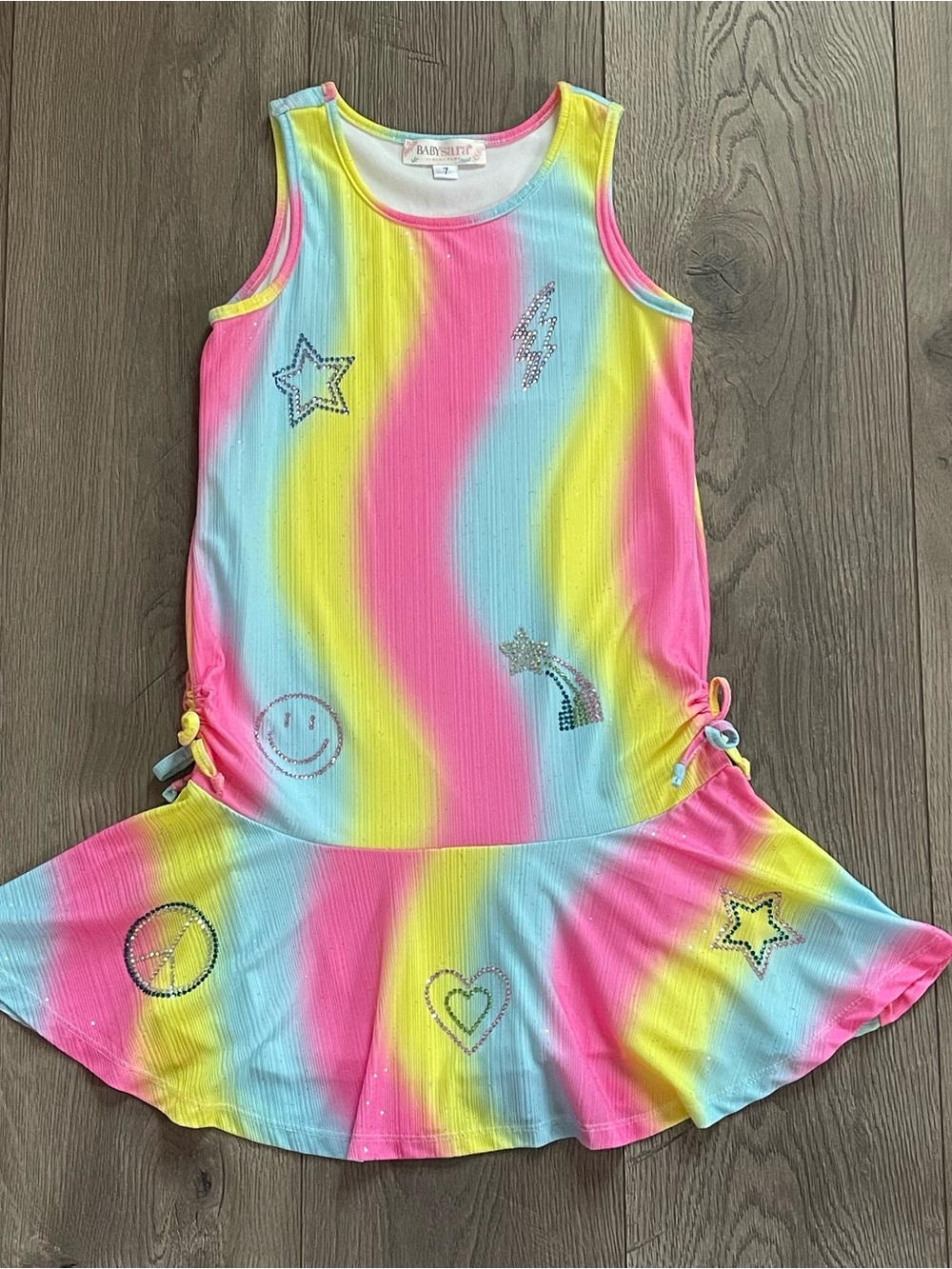 Sara Sara Pastel Rainbow Sparkly Rhinestone Girls Size 7 Drop Waist Dress